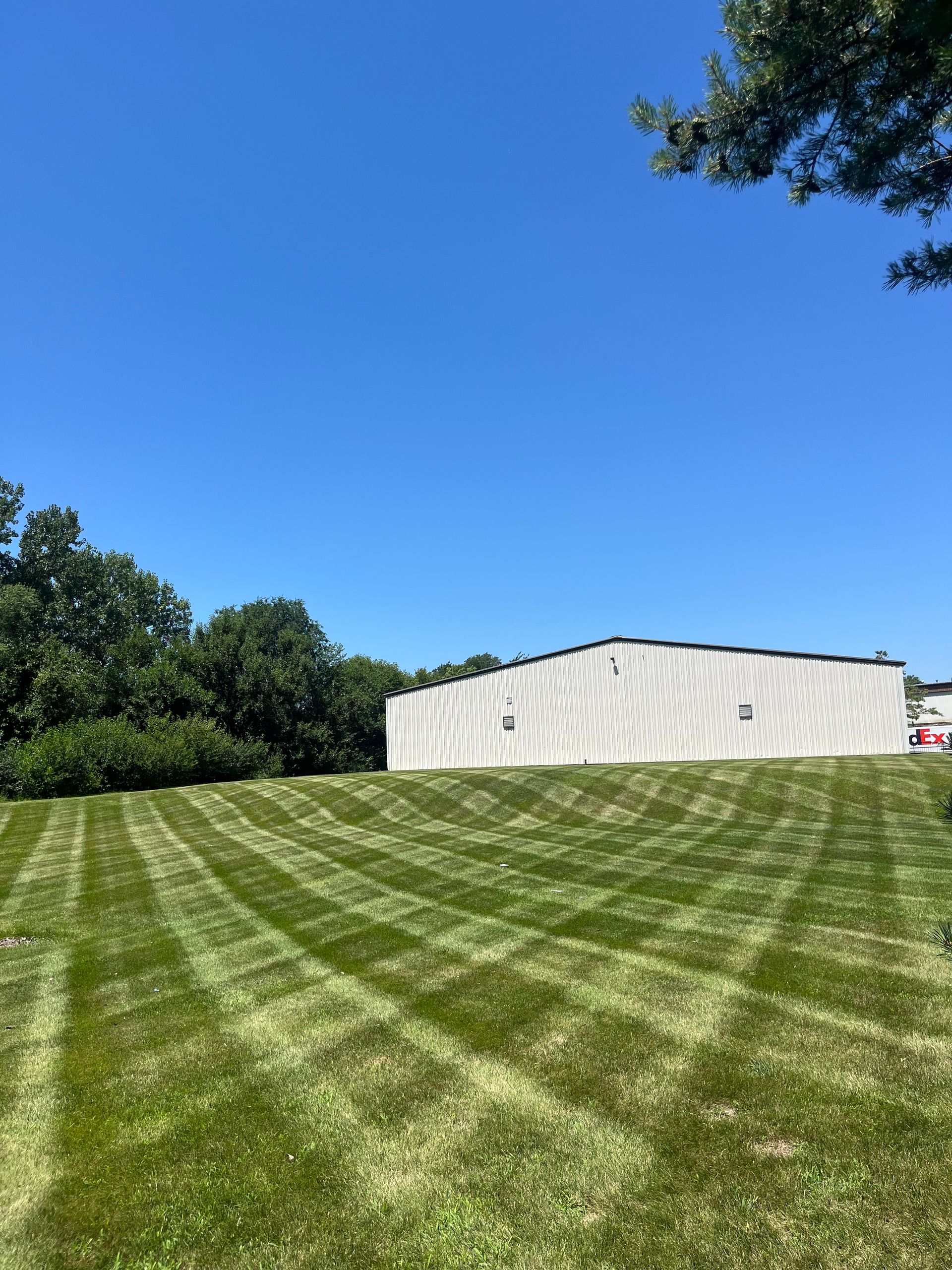 Wide mowed grassy field under a clear blue sky, with a white industrial building in the distance.