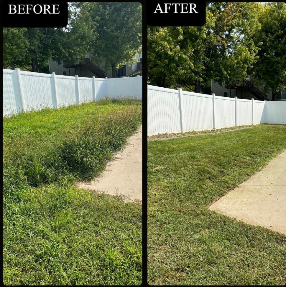 A split-screen comparison of a backyard before and after lawn care, showing tall grass mowed neatly along a white fence.