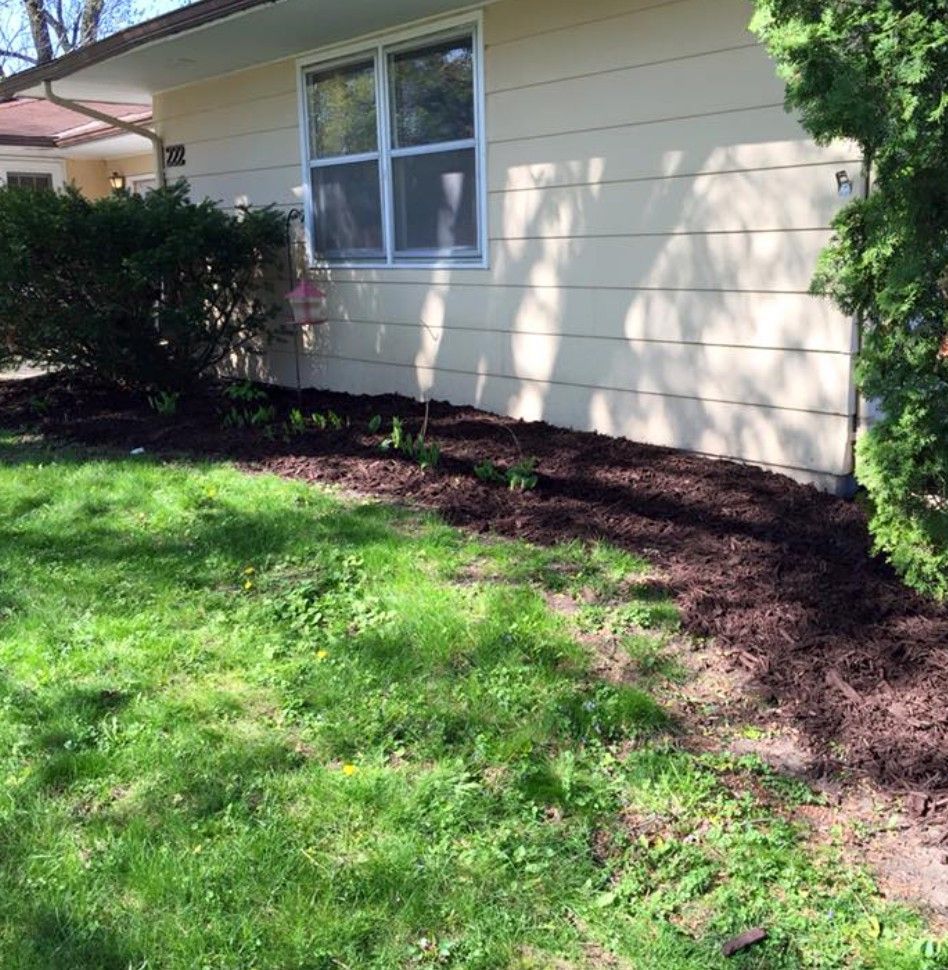A view of the side of a light-colored house with a window, a landscaped garden bed with mulch, and a green lawn.