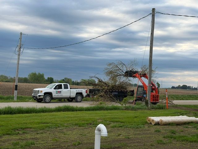 White pickup and orange excavator clearing brush beside a rural road under cloudy skies
