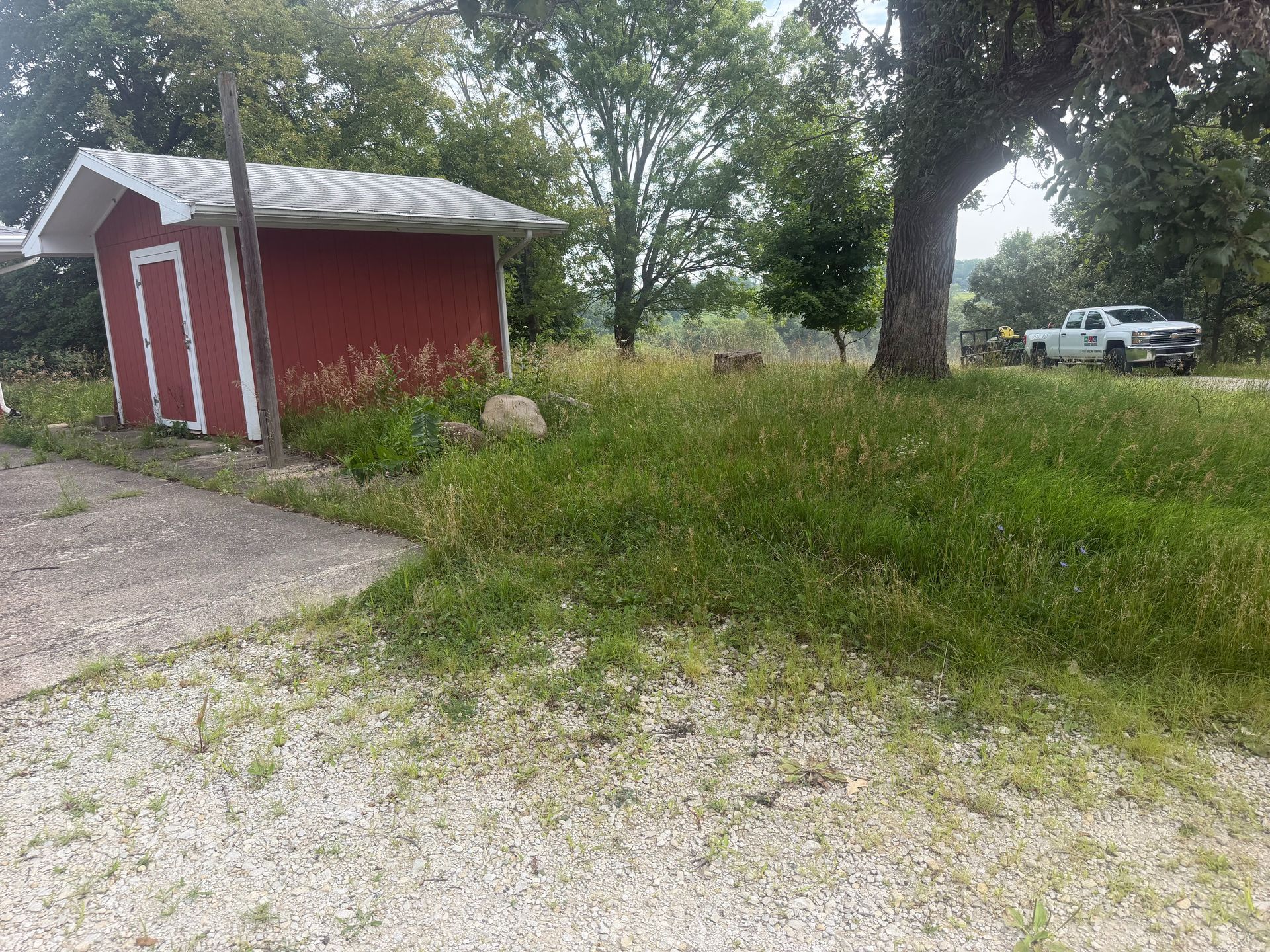 Small red shed by a gravel drive, with tall grass, trees, and a white car in the background