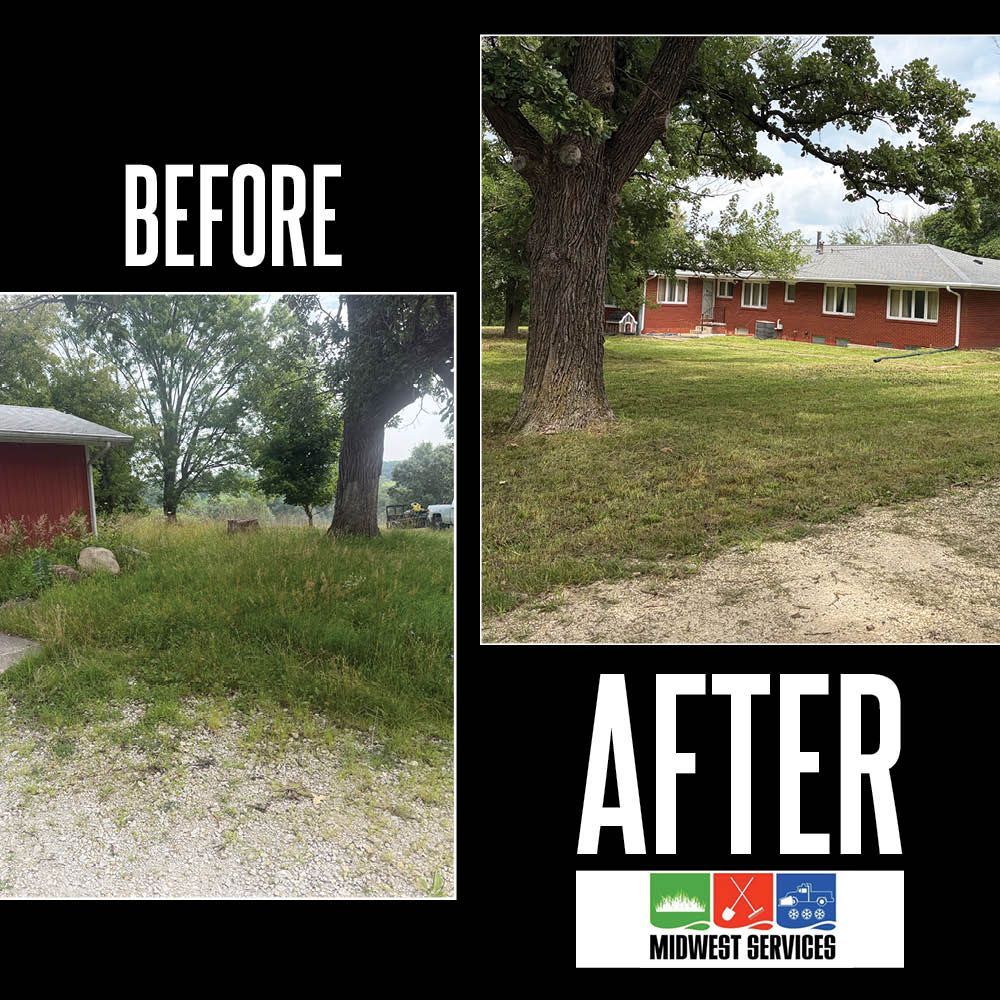 Before-and-after yard cleanup at a red house, showing overgrown grass replaced with a neatly maintained lawn.