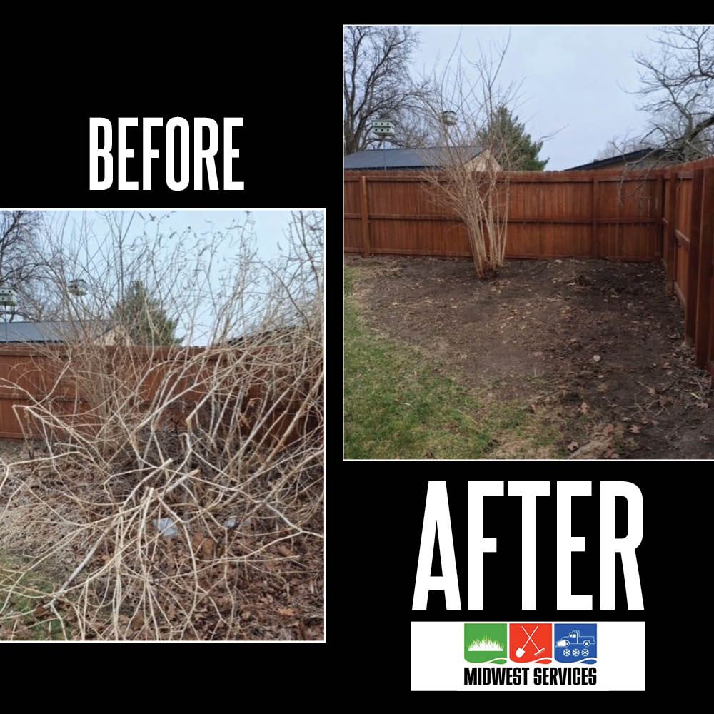 Before and after photos of a backyard garden area cleaned of overgrown brush, leaving a clear space against a wood fence.