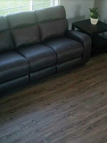 Black leather sofa and small table with plant on wood-look flooring near window.