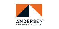 The logo for andersen windows and doors is orange and black.
