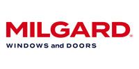 The logo for milgard windows and doors is red and blue.