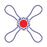 Red and white floral emblem with four purple petal-like loops around a center.