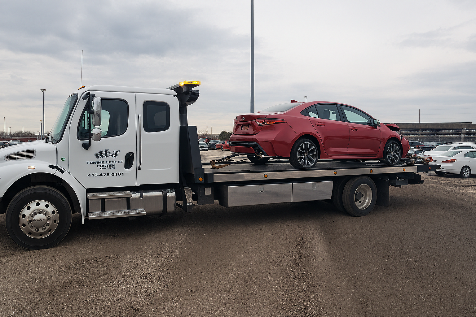 Tow truck carrying a red sedan in a muddy parking lot under an overcast sky