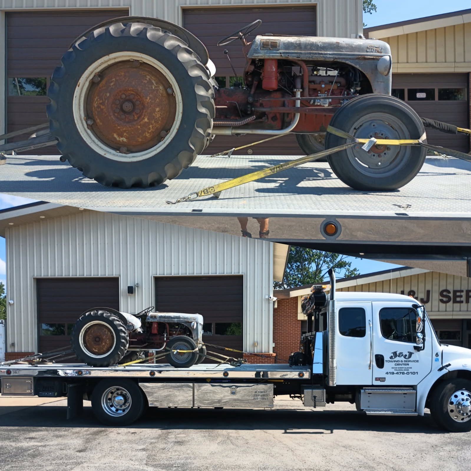 Vintage tractor loaded on a flatbed tow truck for transport.
