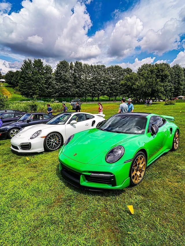 A green Porsche sports car is parked on a grassy field with a white Porsche and other cars in the background. Sunny day.