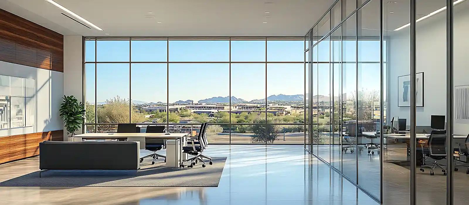 Modern glass-walled office lounge with desks, black sofas, and a wide view of mountains outside