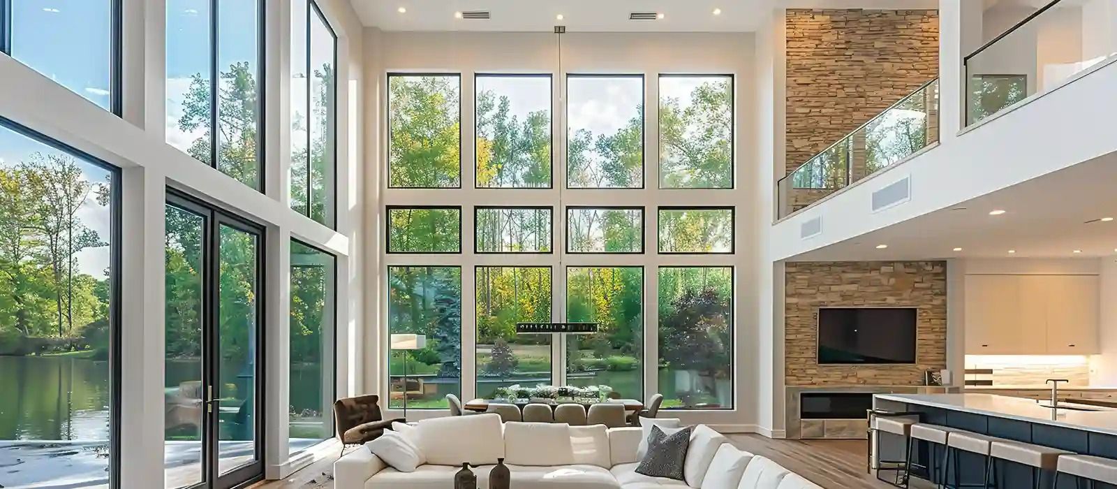 Modern living room with floor-to-ceiling windows, stone fireplace, and beige sectional sofa