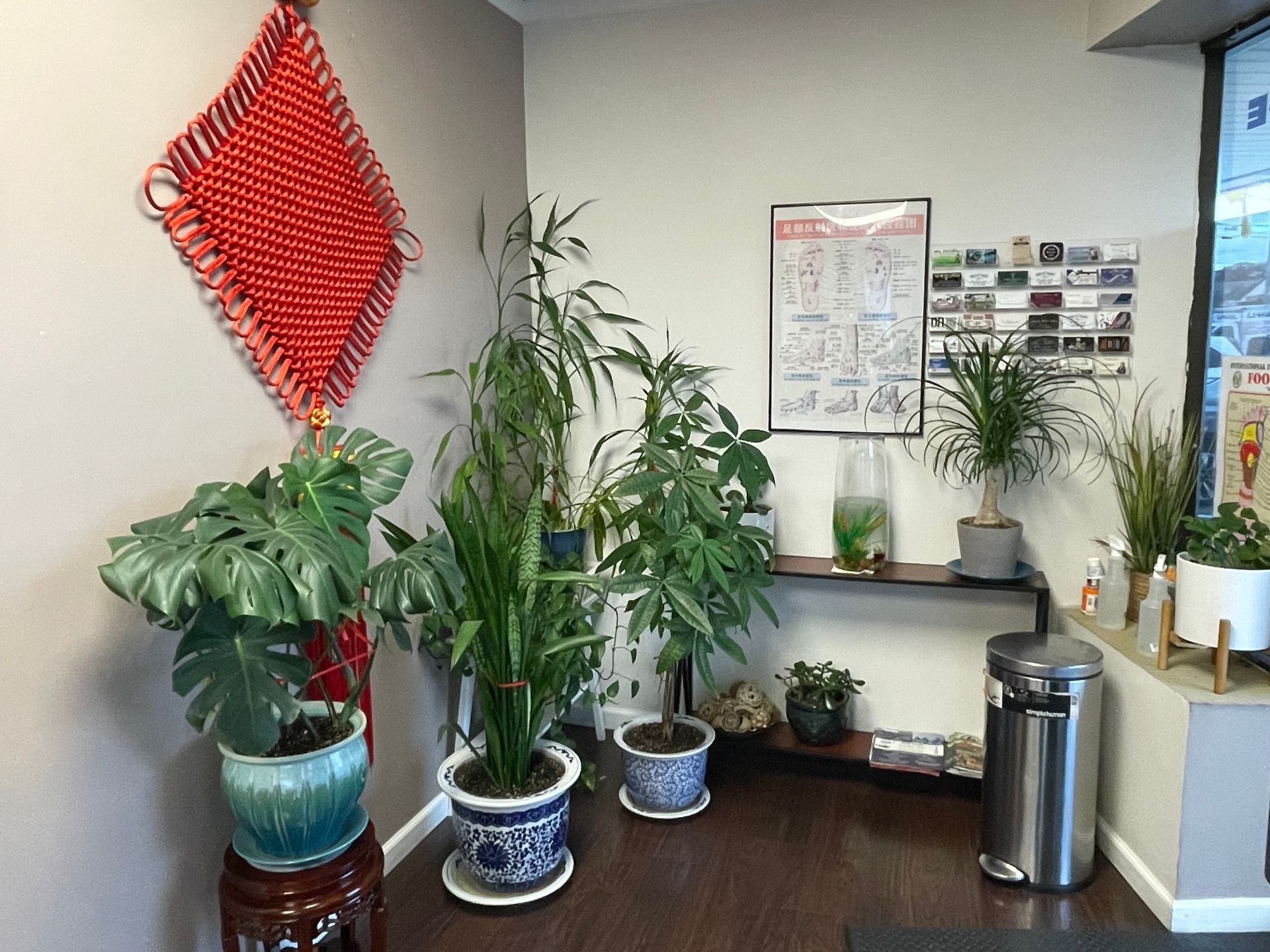 Corner room with plants, a trash can, and a framed diagram.