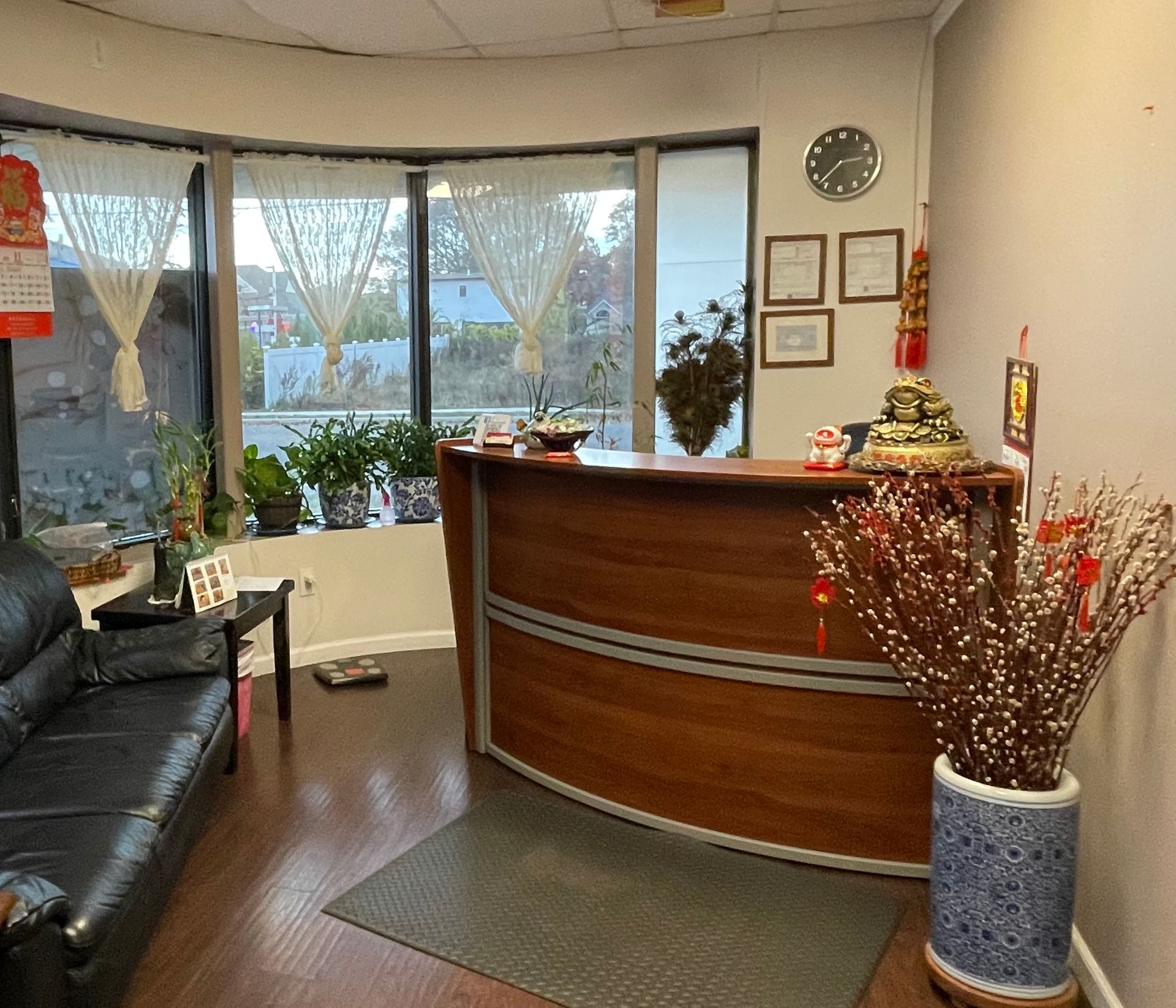 Reception area with wood desk, sofa, and potted plants near a window.
