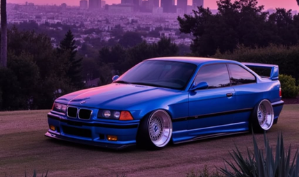 Blue BMW coupe parked on a road at dusk with a city skyline in the background.