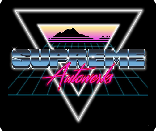 Retro neon “Supreme Autoworks” logo with a sunset, mountain, and triangle grid background