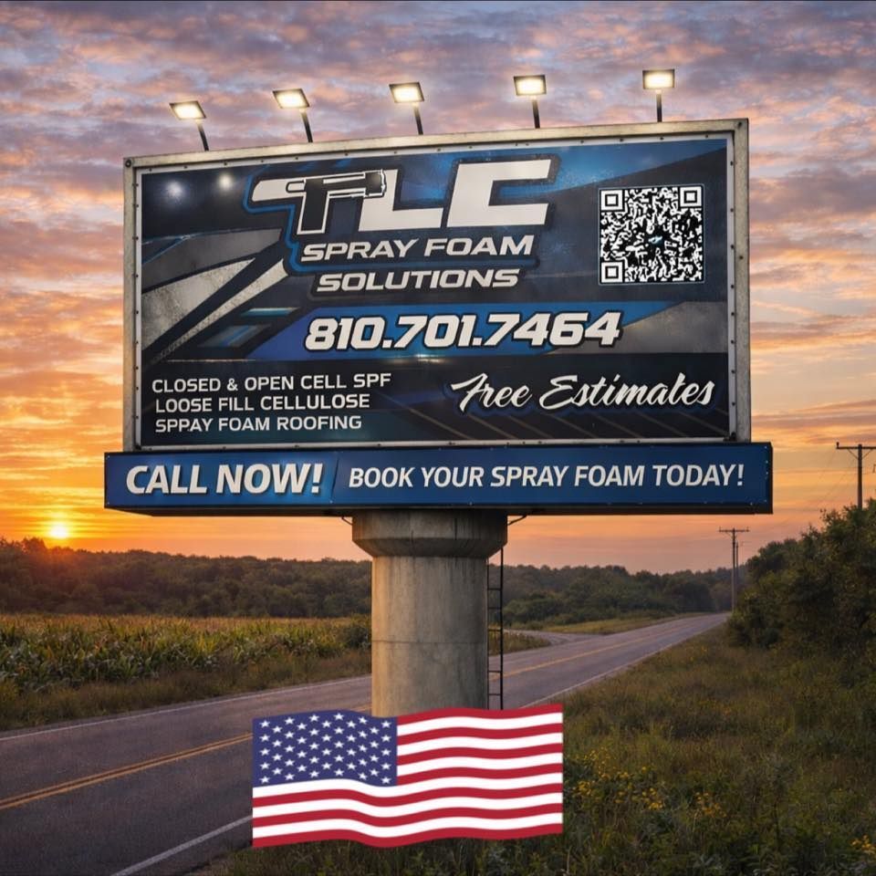 A billboard for TLC Spray Foam Solutions featuring their phone number, services, and a QR code, set against a sunset.