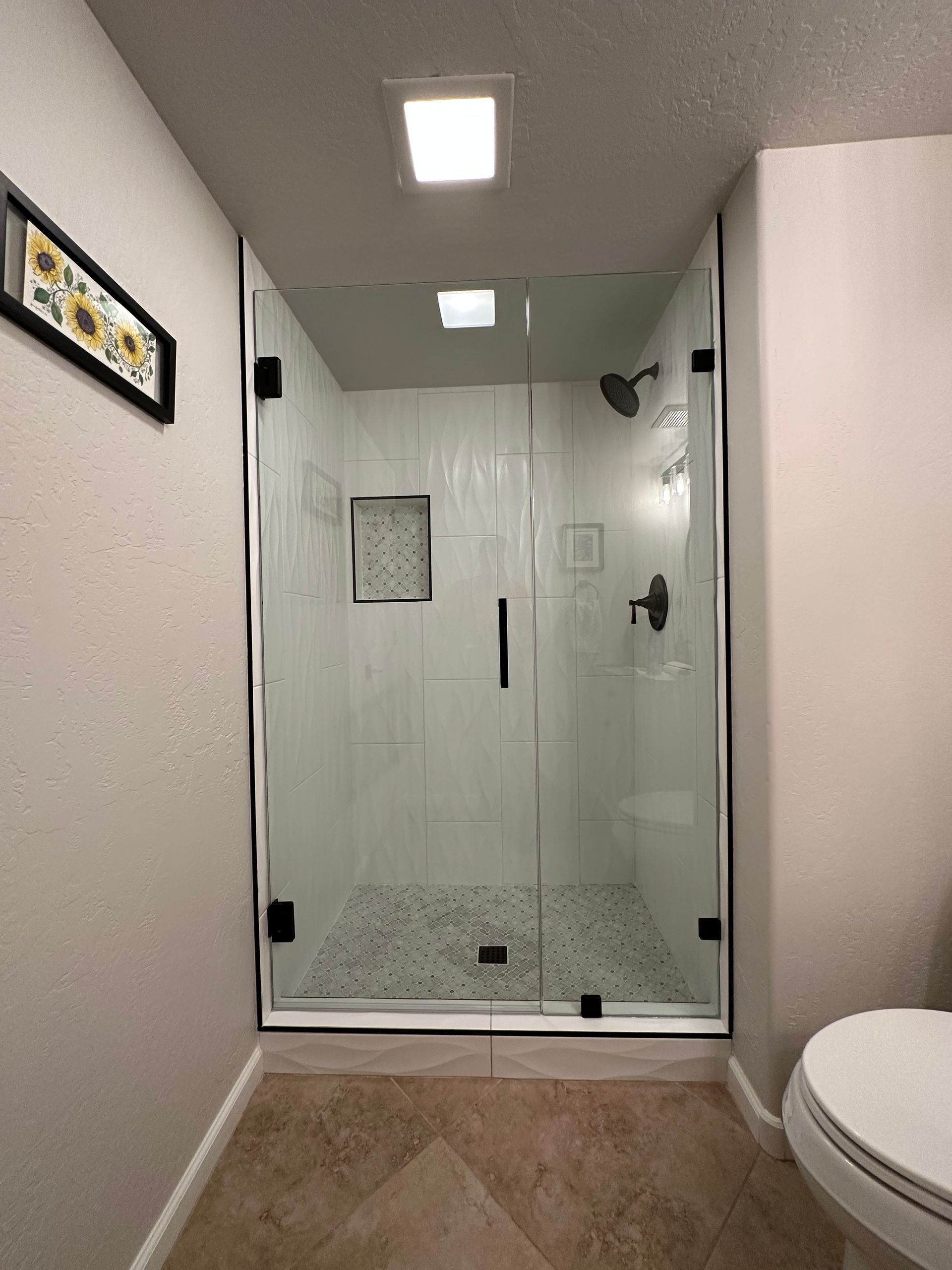 A bathroom with a walk in shower and a toilet.