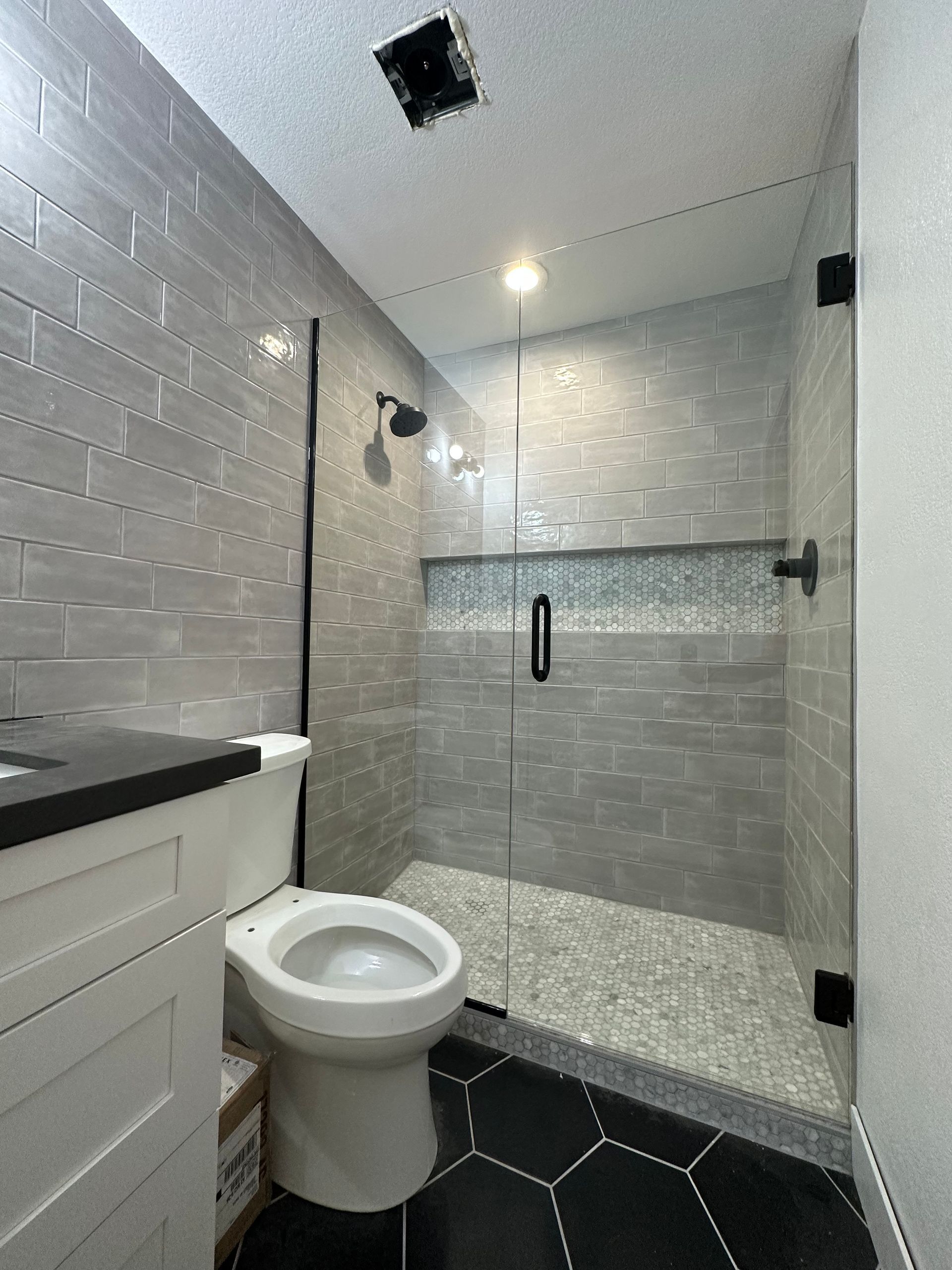 A bathroom with a toilet and a walk in shower.