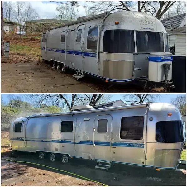 A before and after photo of an airstream trailer.