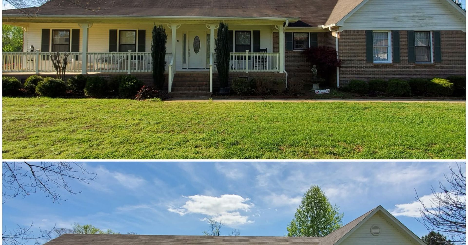 A before and after picture of a house with a brown roof.
