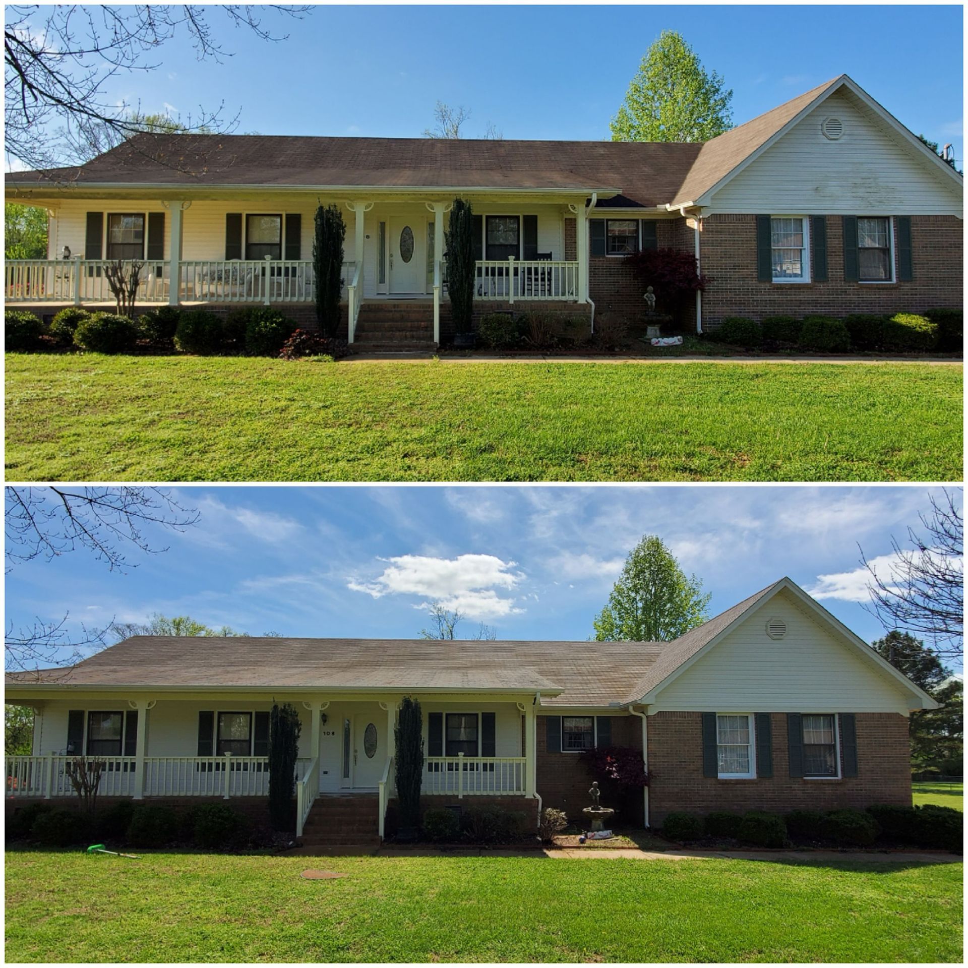 A before and after picture of a house with a brown roof