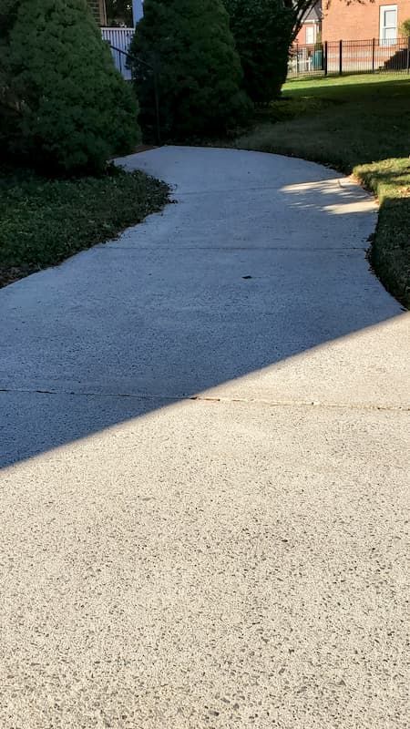 A concrete driveway leading to a house with trees on both sides.
