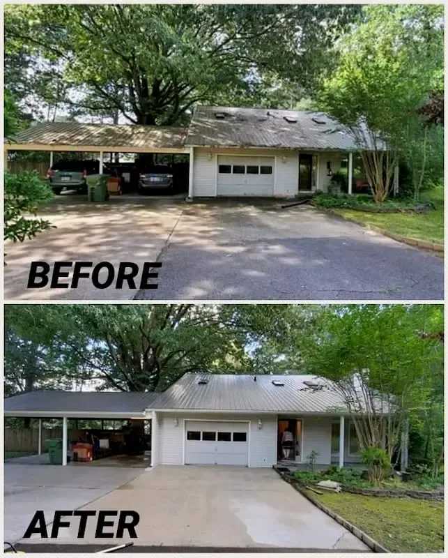 A before and after picture of a house with a garage