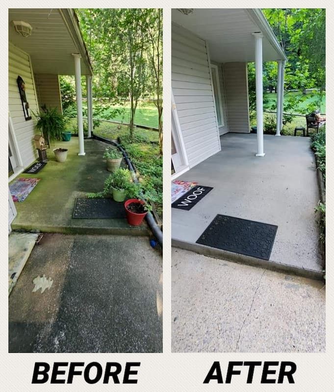 A before and after picture of a porch that has been cleaned.