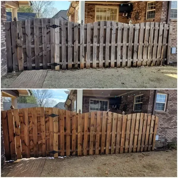 A before and after photo of a wooden fence in front of a brick house.