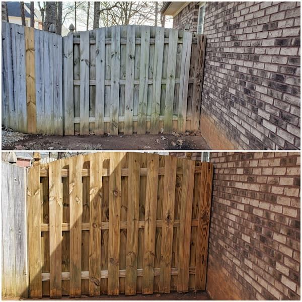 A before and after photo of a wooden fence next to a brick wall.