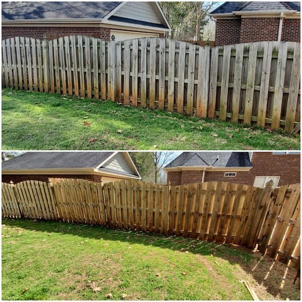 A before and after picture of a wooden fence in a backyard.