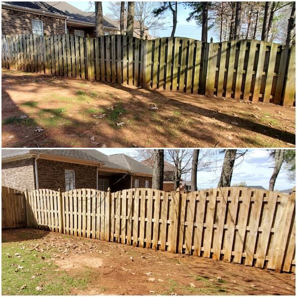A before and after photo of a wooden fence in a backyard.