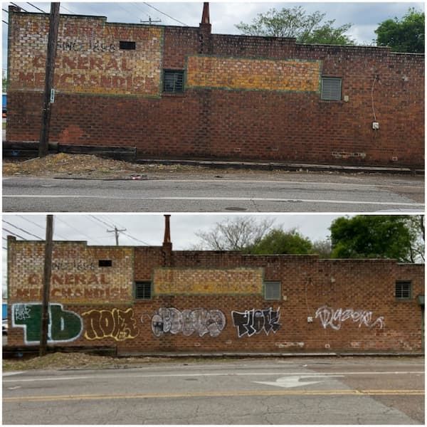 A before and after photo of a brick building with graffiti on it.