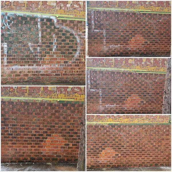 A collage of four pictures of a brick wall with graffiti on it.