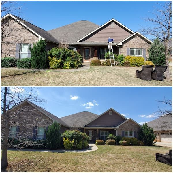 A before and after picture of a house being painted.