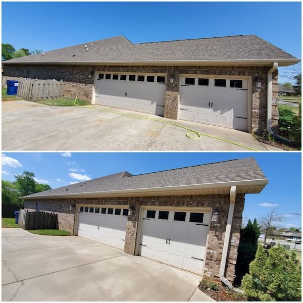 A before and after picture of a house with two garage doors.
