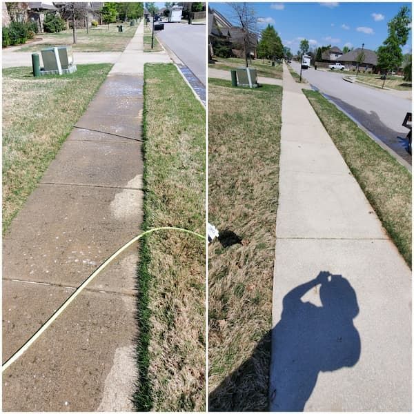 A before and after photo of a sidewalk being cleaned