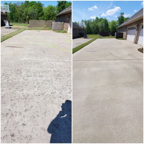 A before and after photo of a driveway with a basketball hoop in the background.