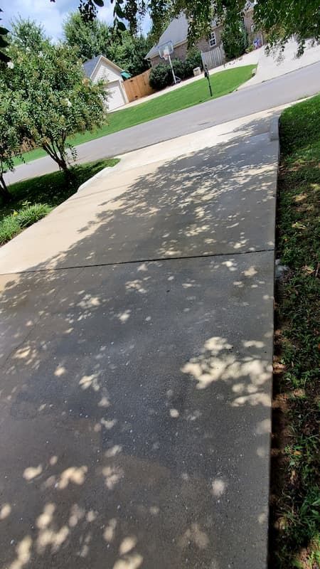 A concrete driveway leading to a house in a residential neighborhood.