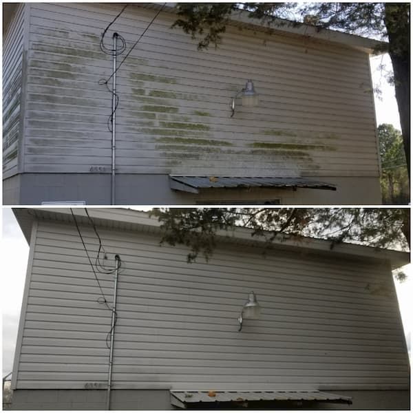 A before and after picture of a house 's siding being cleaned.