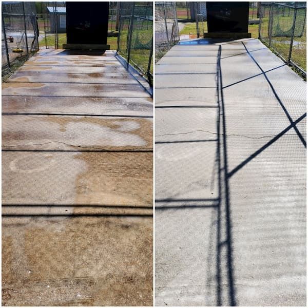 A before and after photo of a concrete walkway