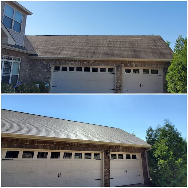 A before and after picture of a house 's roof