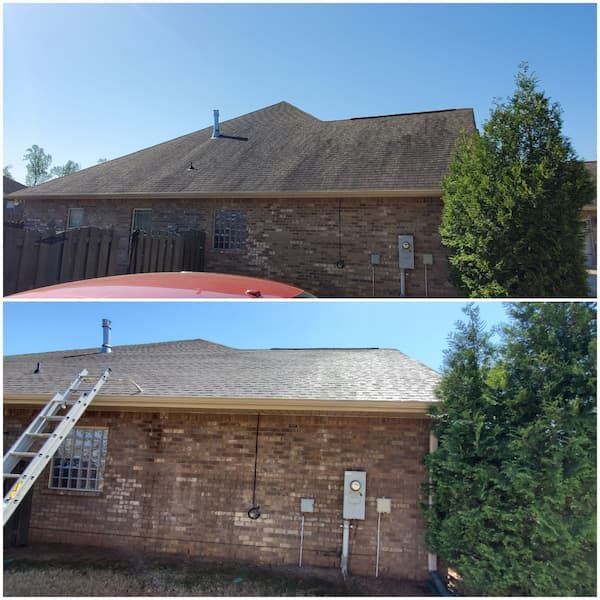A before and after picture of a roof cleaning on a brick house.