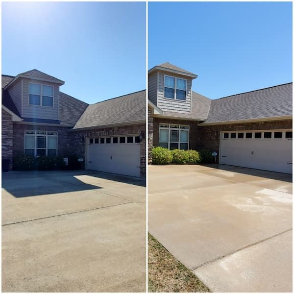 A before and after picture of a house with a garage
