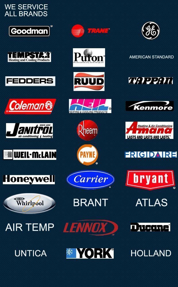 Goodman Trane GE Tempstar Puron American Standard Fedders Ruud Tappan Coleman Heil Kenmore Janitrol Rheem Amana Weil-McLain Payne Frigidaire Honeywell Carrier Bryant Whirlpool Brant Atlas Air Temp Lennox Ducane Untica York Holland Logo