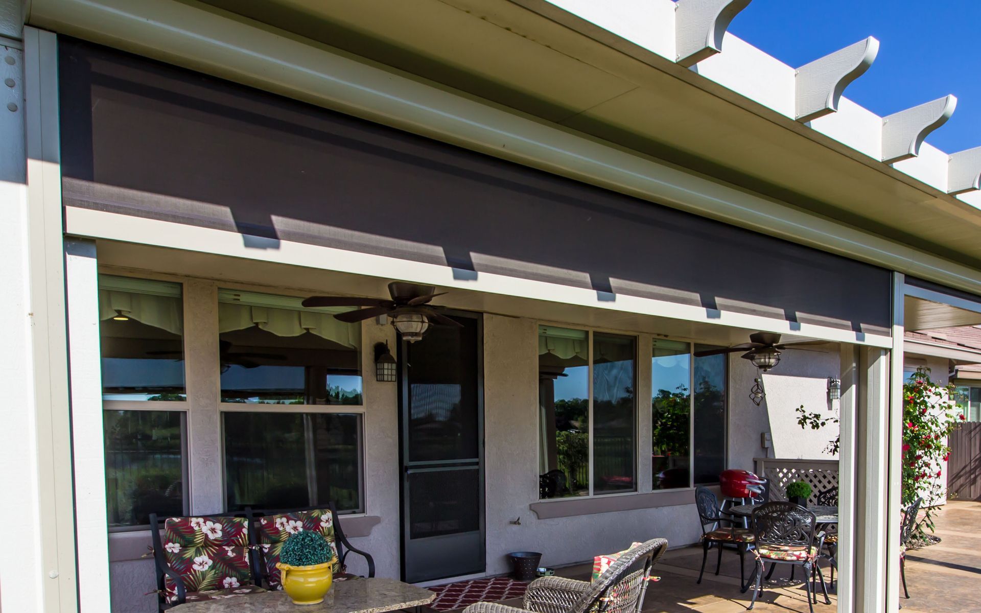A patio with exterior shades