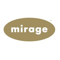 Mirage logo in white lowercase text on an olive oval background