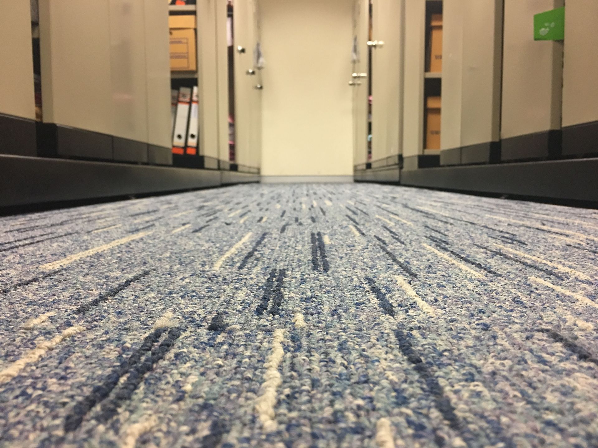 Low-angle view of a carpeted hallway with closed doors and cabinets on both sides