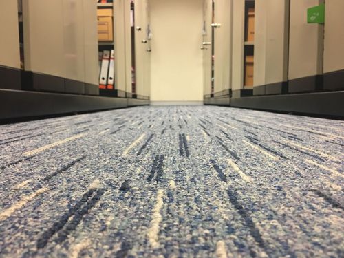 Low-angle view of a carpeted hallway with closed doors and cabinets on both sides